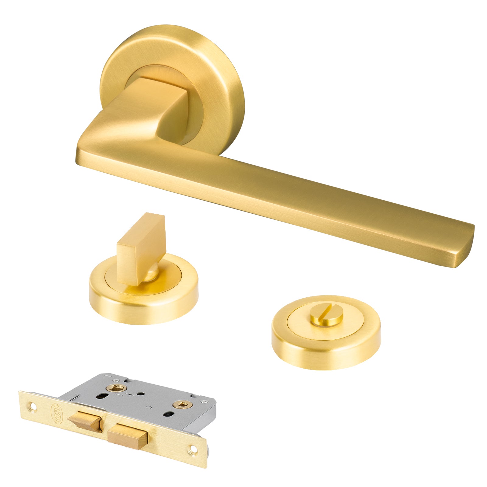 satin brass Indigo handles on rose bathroom lock latch set