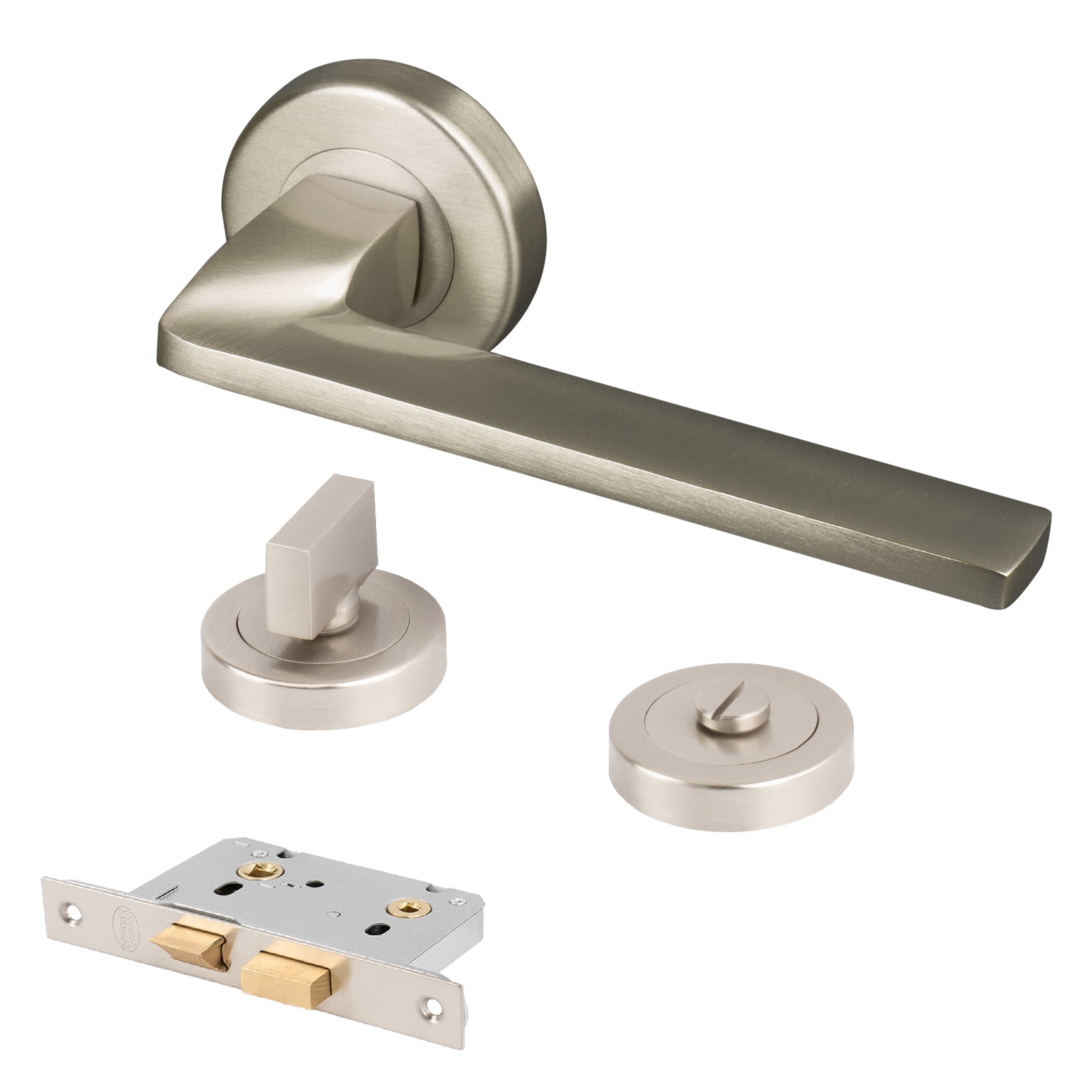 satin nickel Indigo round rose door handles bathroom latch lock set