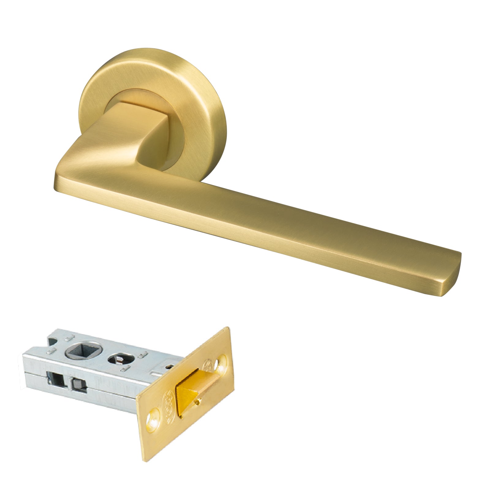 satin brass round rose handle with concealed fixings, 2.5 inch latch set