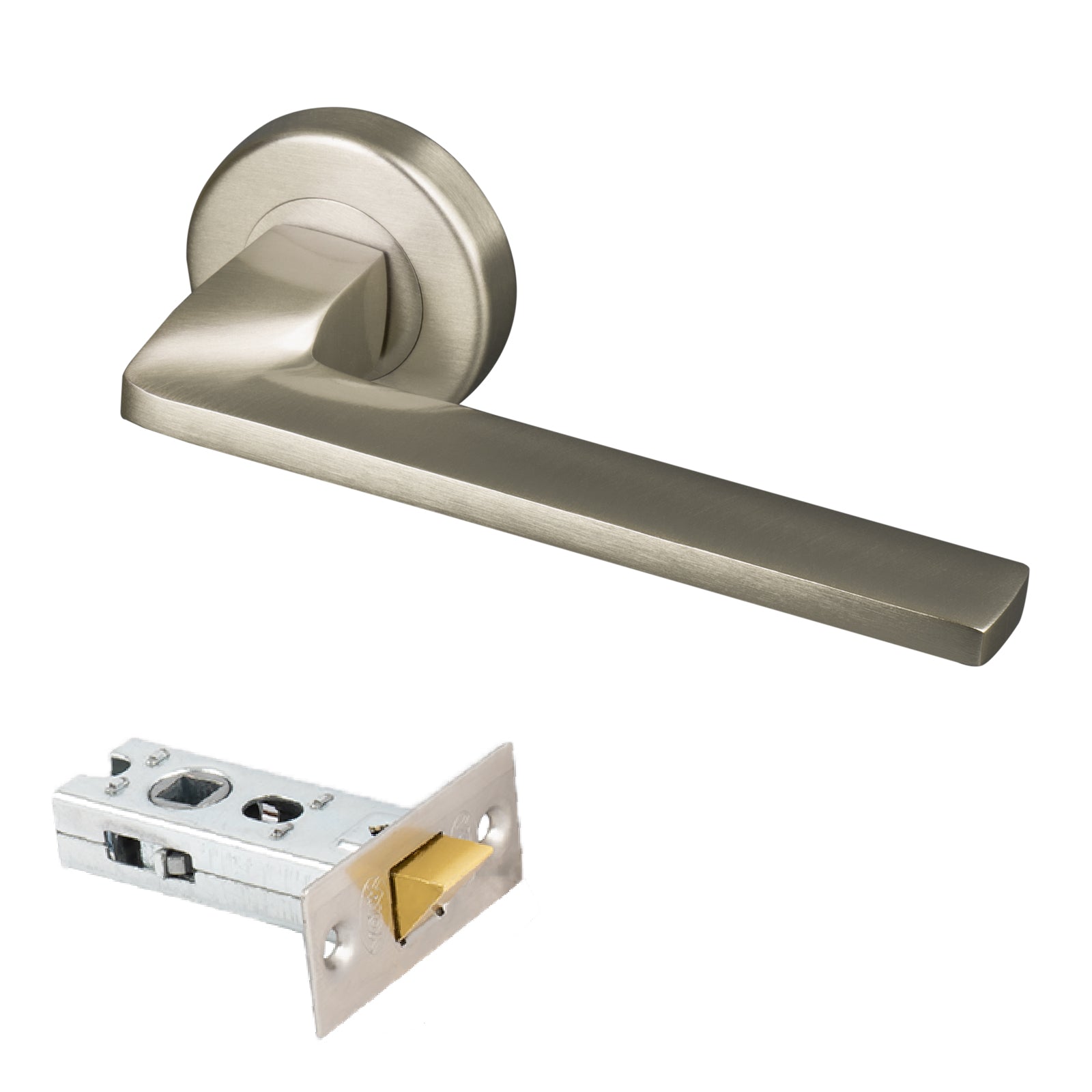 satin nickel round rose handle with concealed fixings, 2.5 inch latch set
