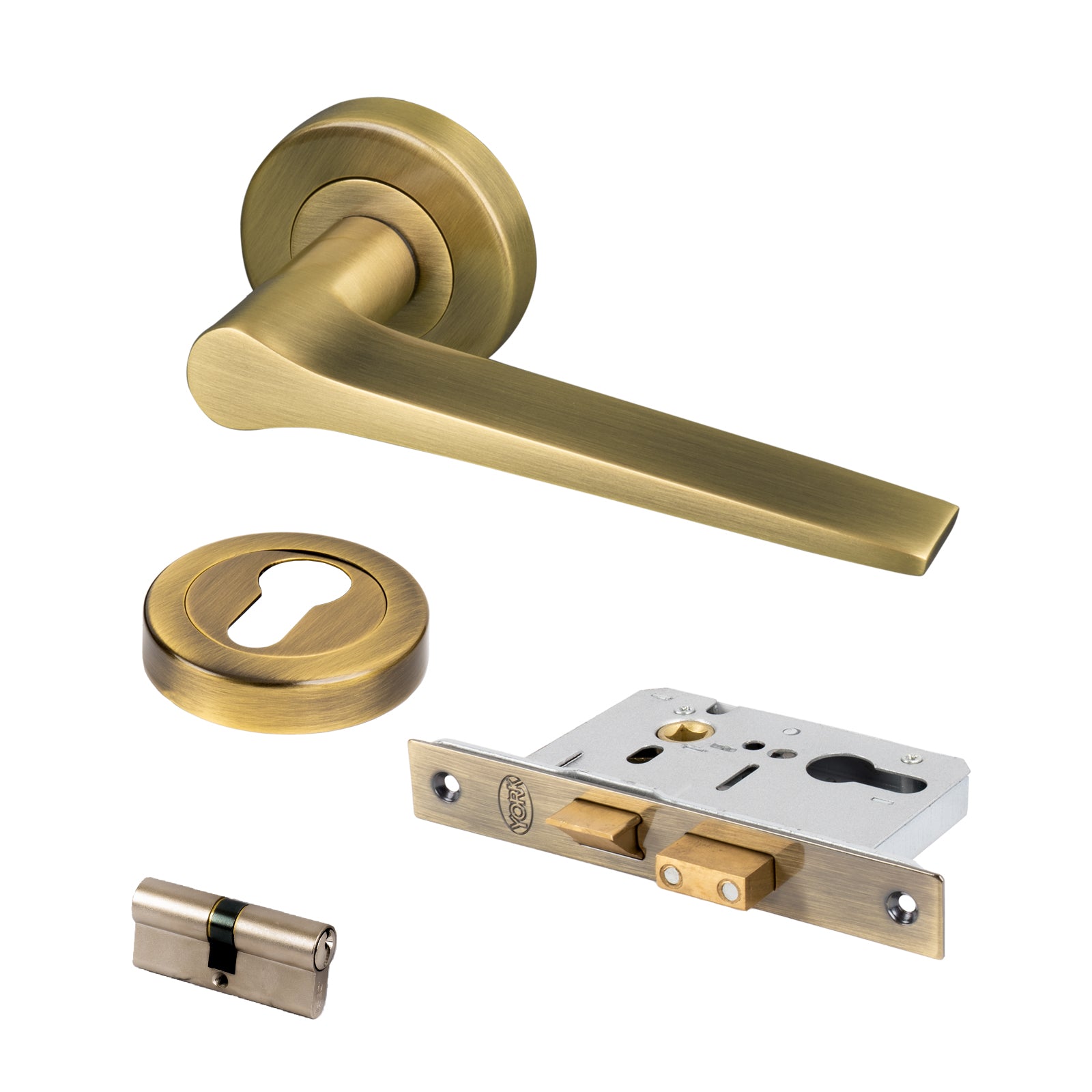aged brass Gio round rose door handles Euro lock set