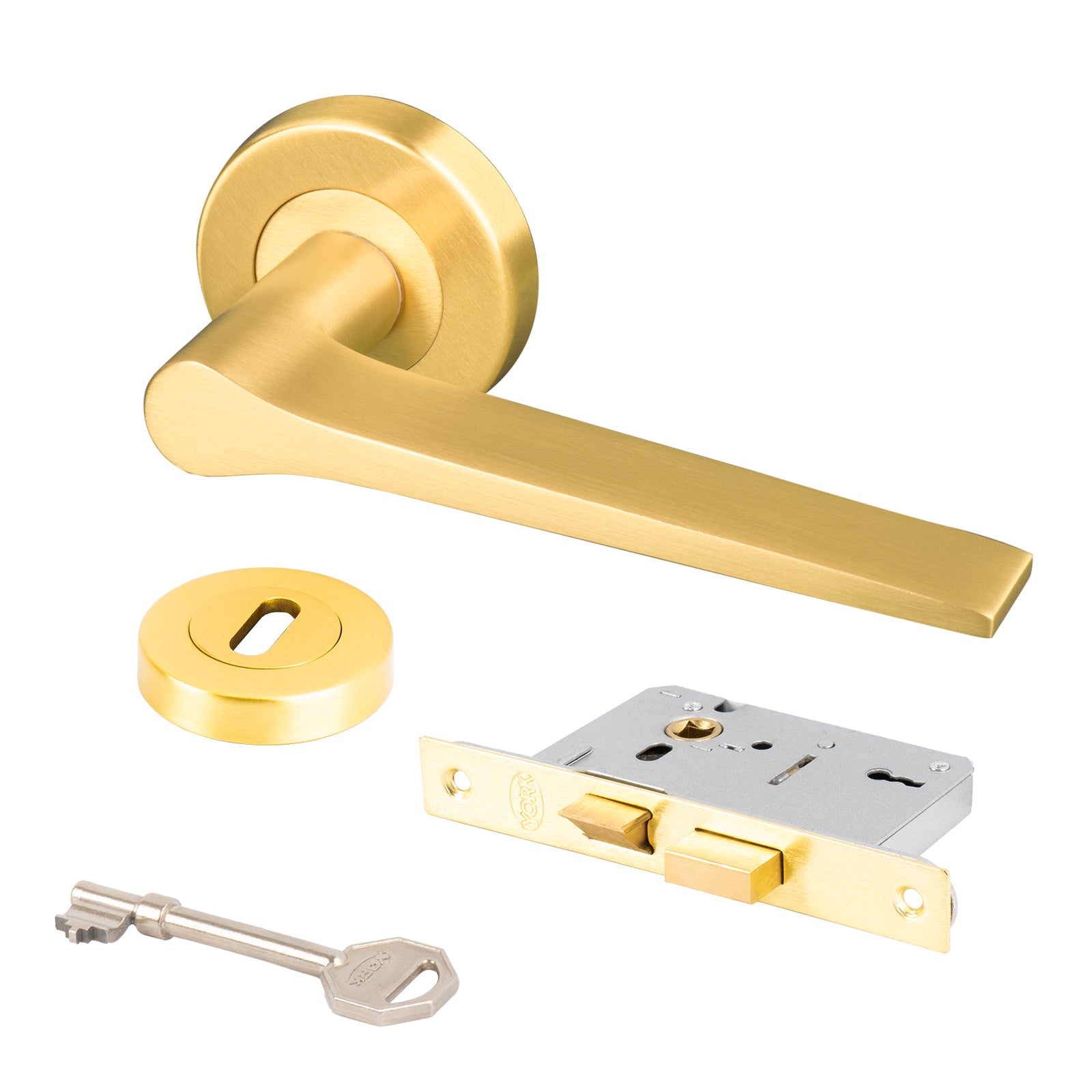 satin brass Gio round rose door handles 3 lever lock set