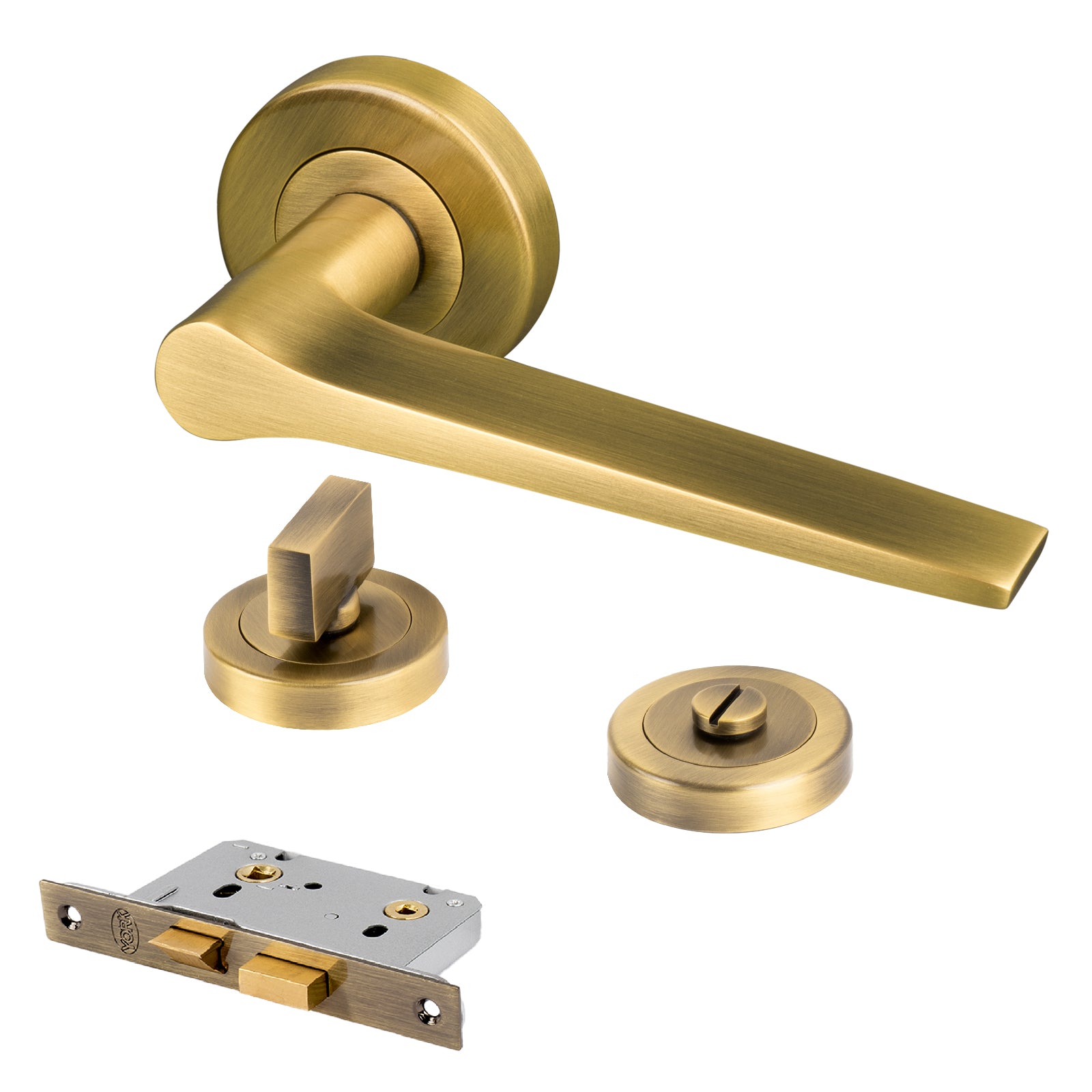 aged brass Gio door handles on rose bathroom lock set