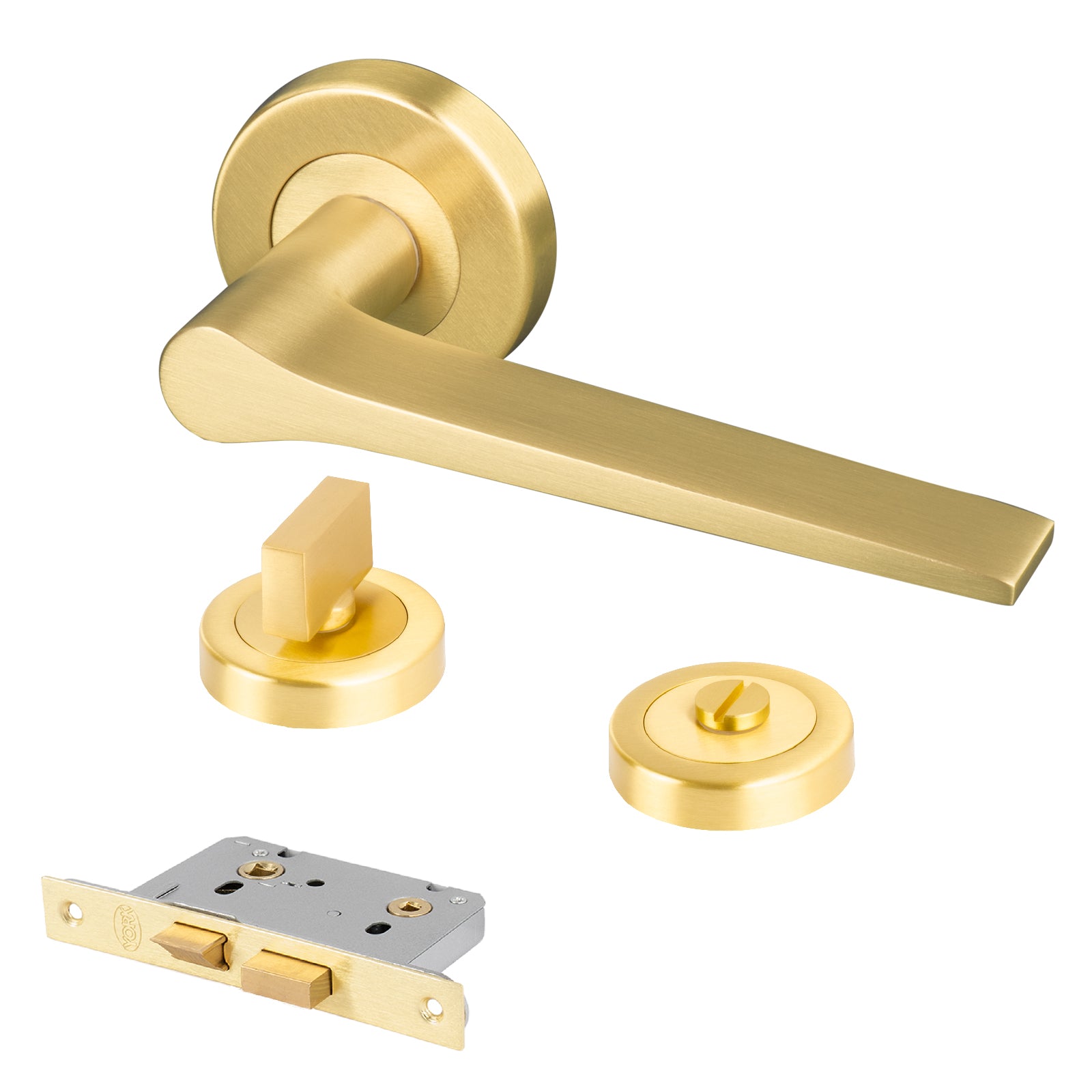 satin brass Gio round rose door handles bathroom latch lock set