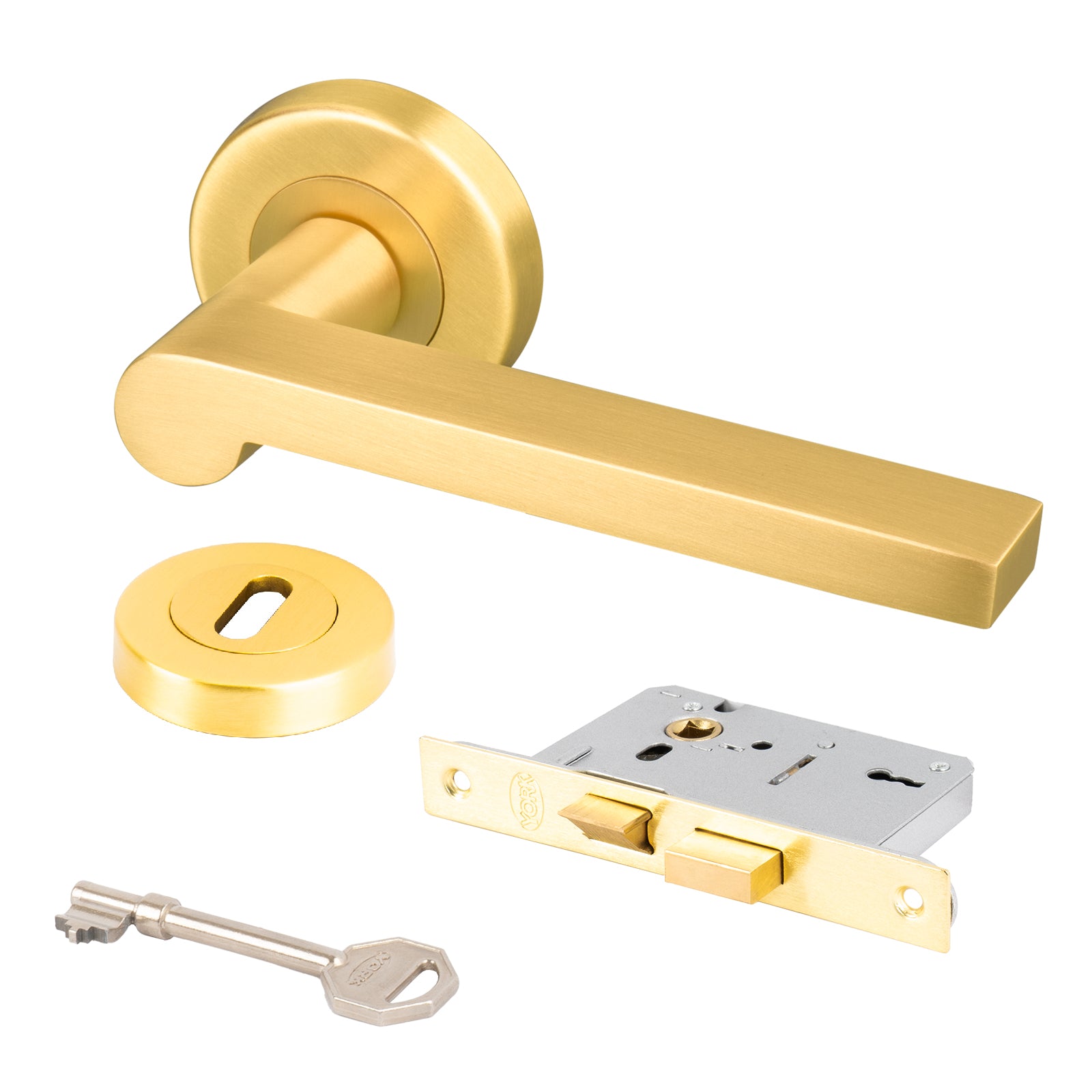 satin brass Lugano round rose door handles 3 lever lock set and escutcheon
