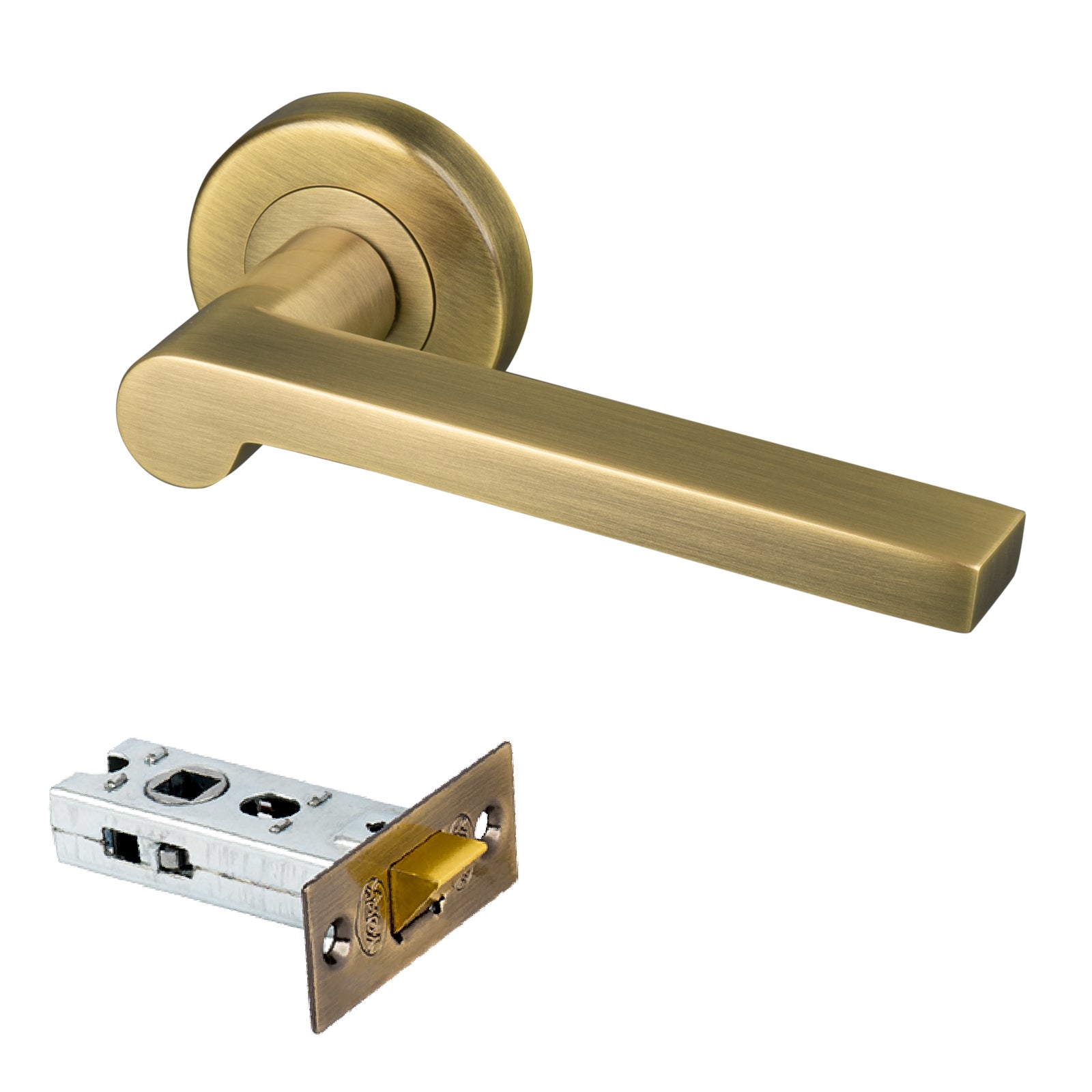 aged brass round rose straight lever handle 2.5 inch latch set