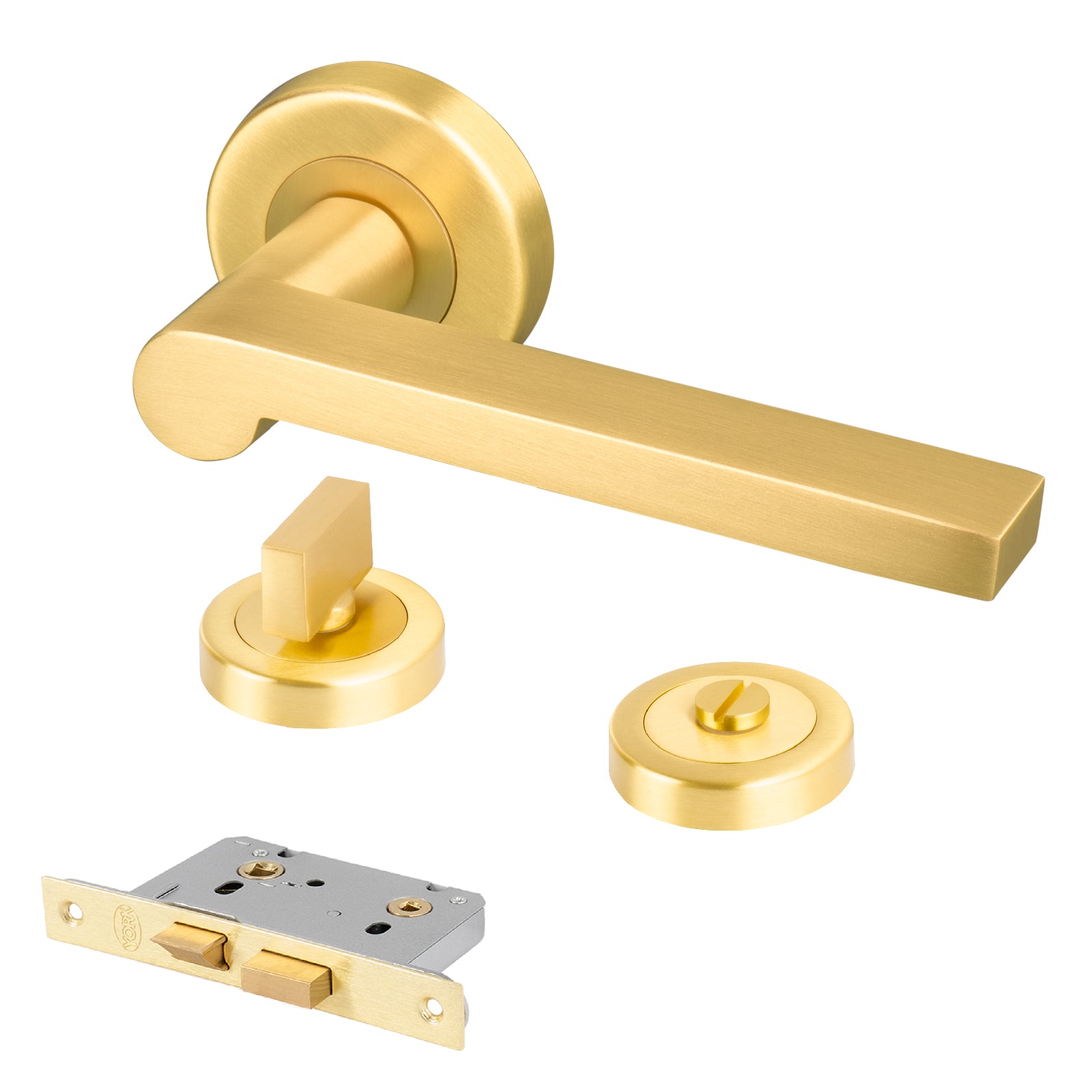 satin brass Lugano round rose handles bathroom door lock latch set