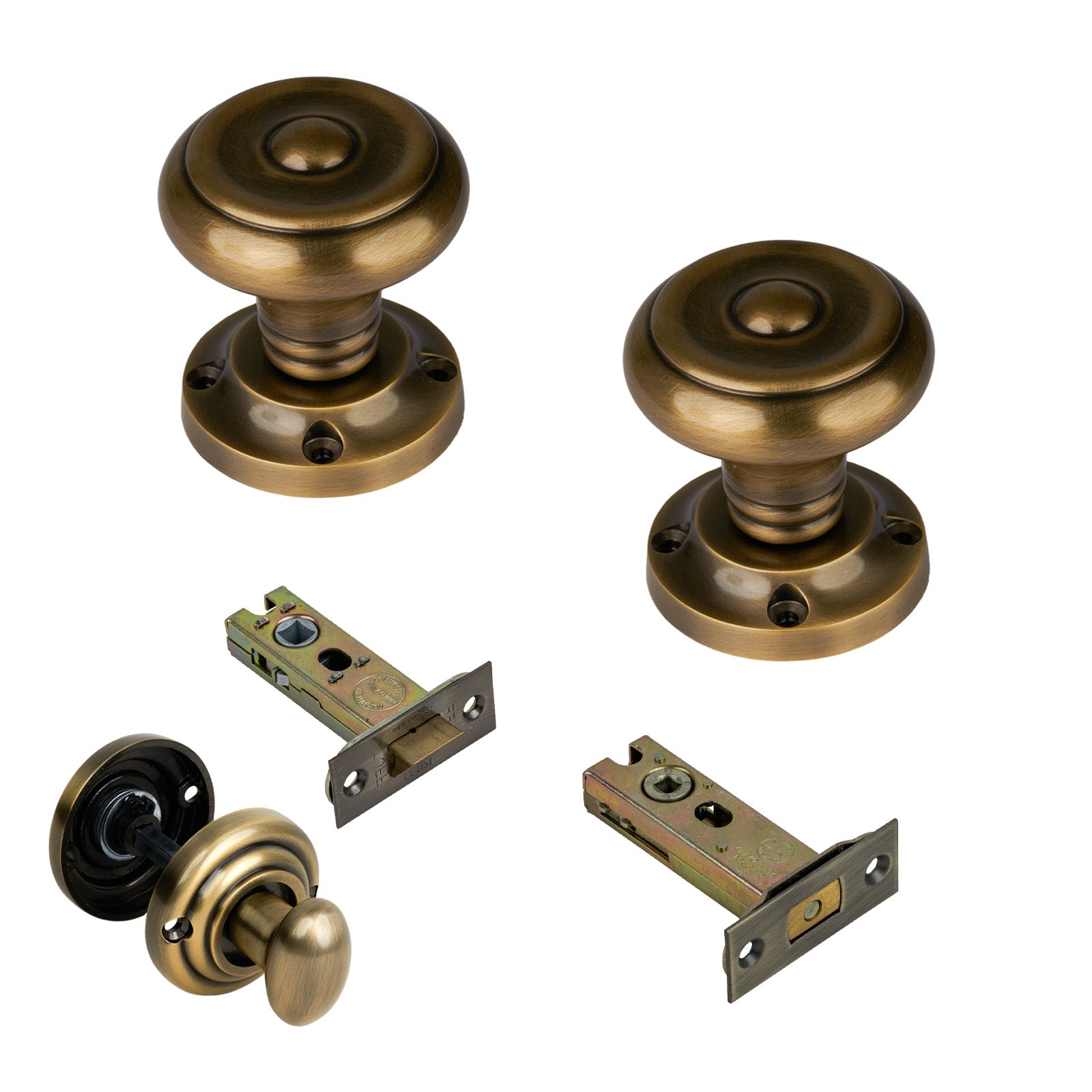 Aylesbury Door Knob on Rose with Aged Brass 3 inch bathroom set