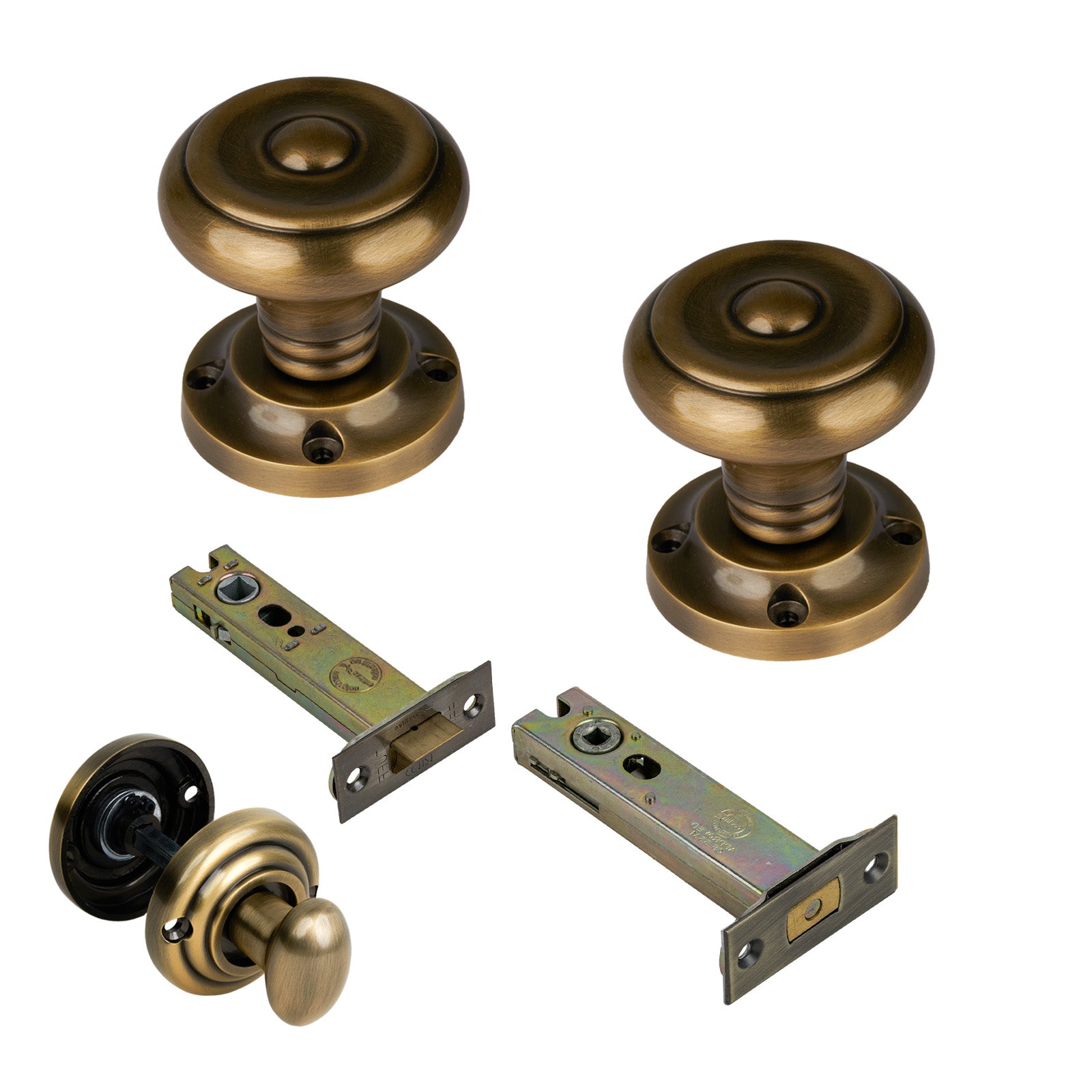 Aylesbury Door Knob on Rose with Aged Brass 4 inch bathroom set