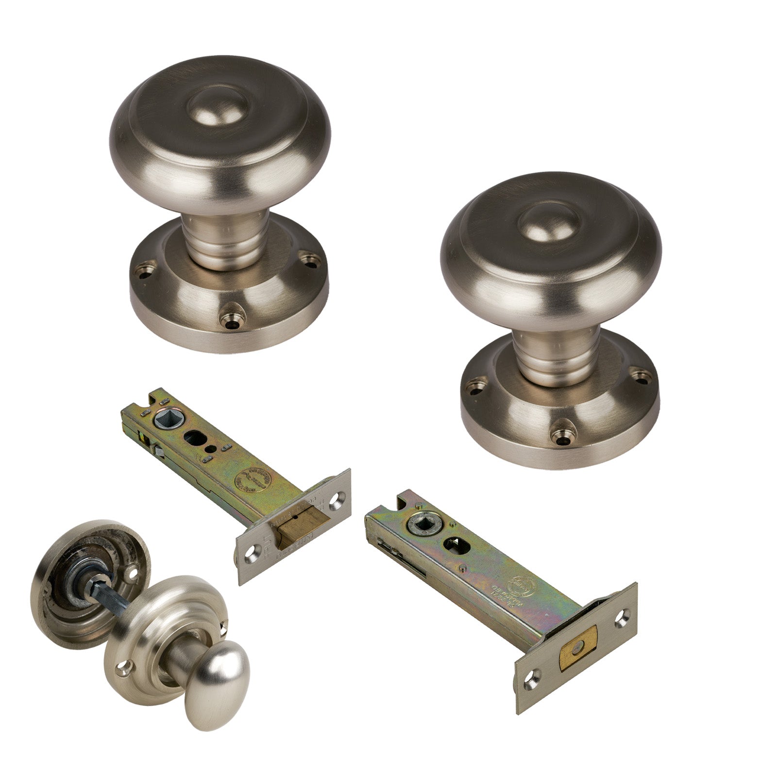 Aylesbury Door Knob on Rose with Satin Nickel 4 inch bathroom set