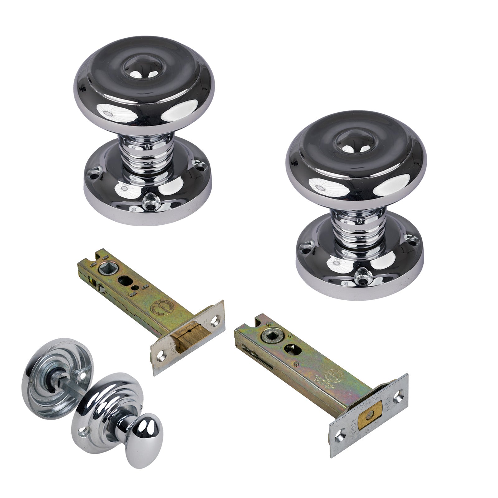 Aylesbury Door Knob on Rose with Polished Chrome 4 inch bathroom set