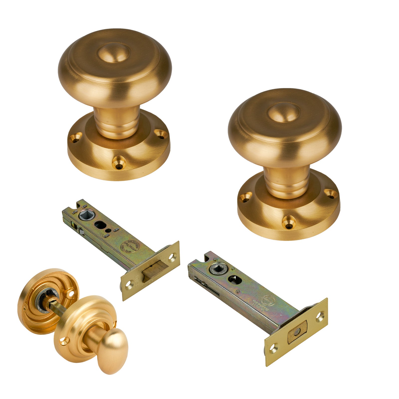 Aylesbury Door Knob on Rose with Satin Brass 4 inch bathroom set