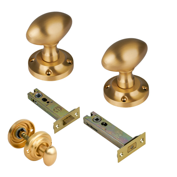 Suffolk Oval Door Knob on Rose with Satin Brass 4 inch bathroom set
