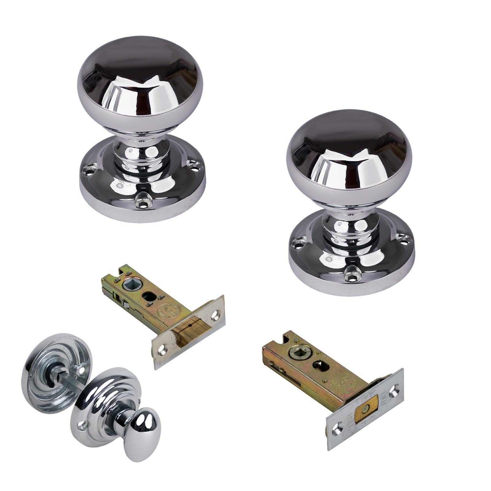 Victoria Door Knob on Rose with Polished Chrome 3 inch bathroom set