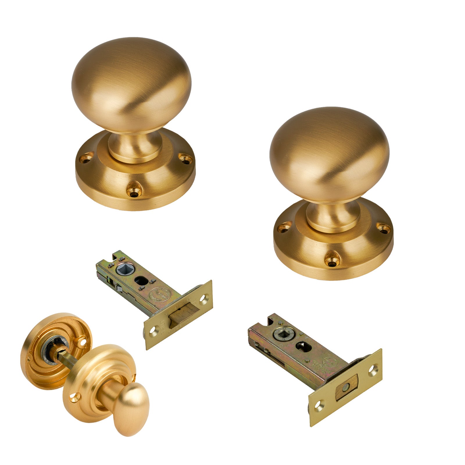 Victoria Door Knob on Rose with Satin Brass 3 inch bathroom set