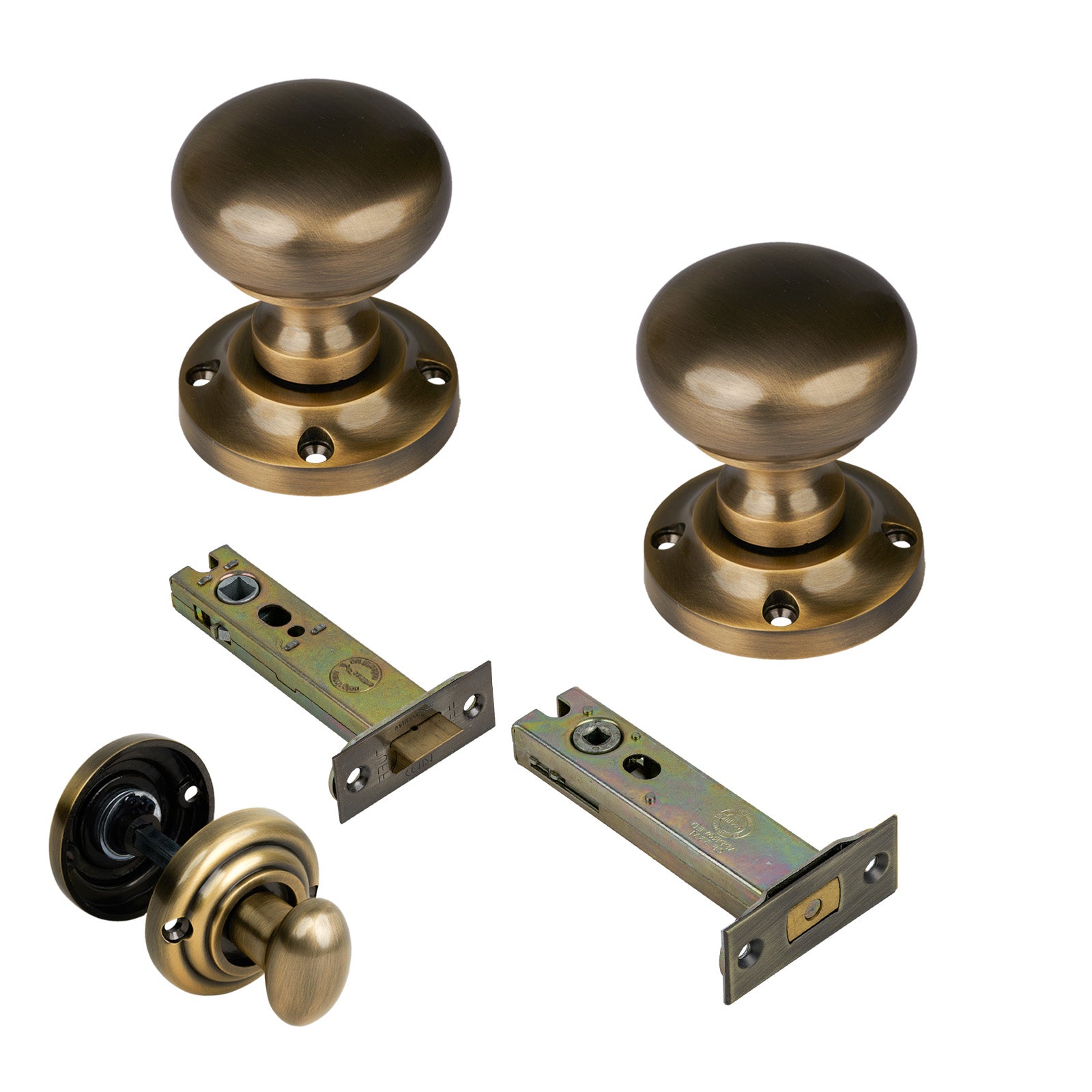 Victoria Door Knob on Rose with Aged Brass 4 inch bathroom set