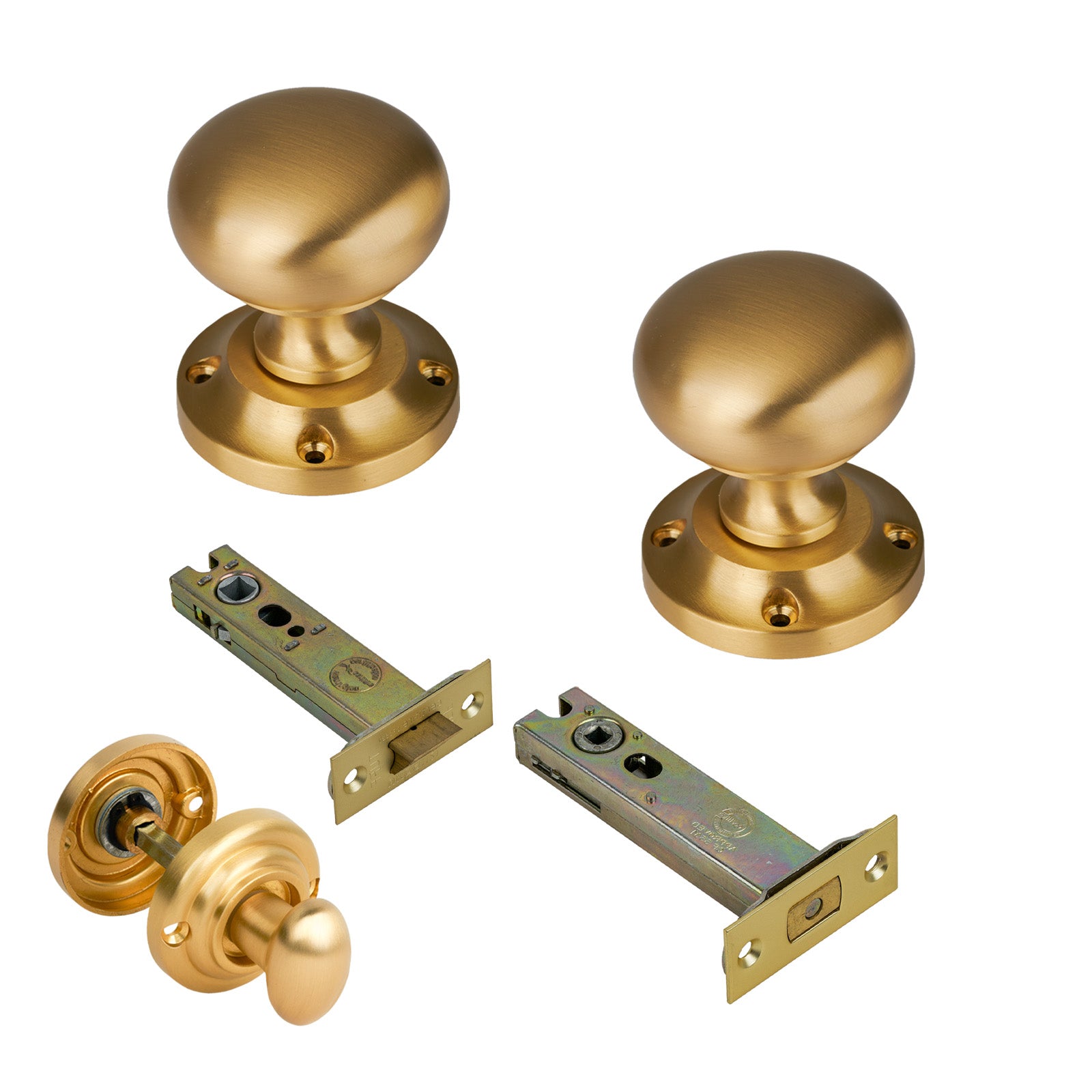 Victoria Door Knob on Rose with Satin Brass 4 inch bathroom set