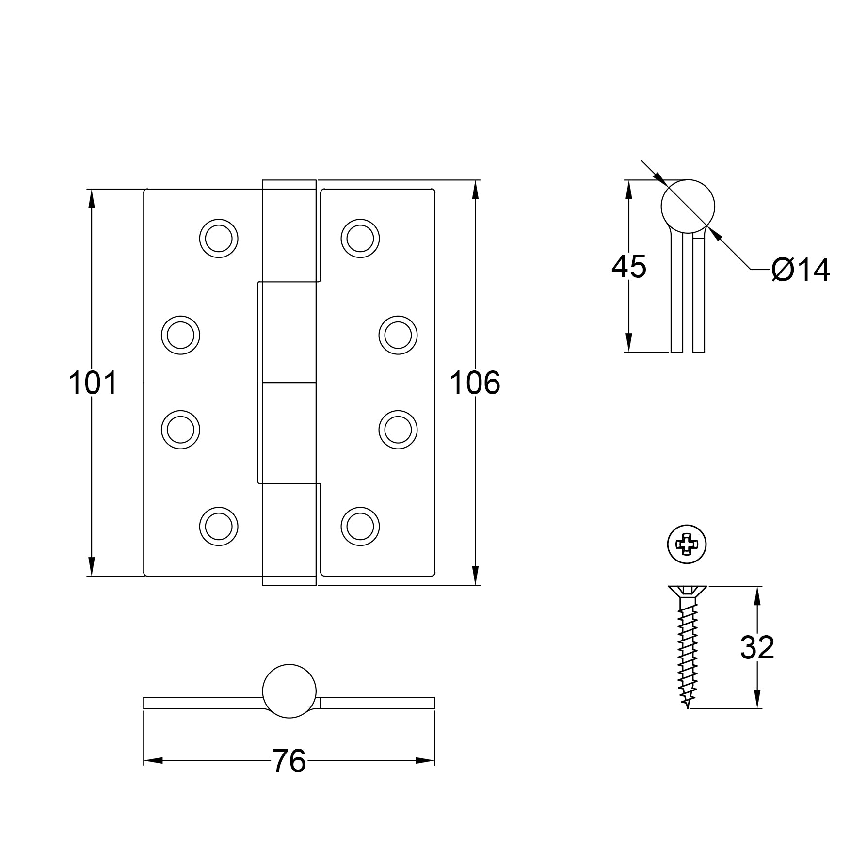 Drawing of Concealed Knuckel Hinges 4 inch, Grade 14 hinges, stainless steel butt hinges SHOW