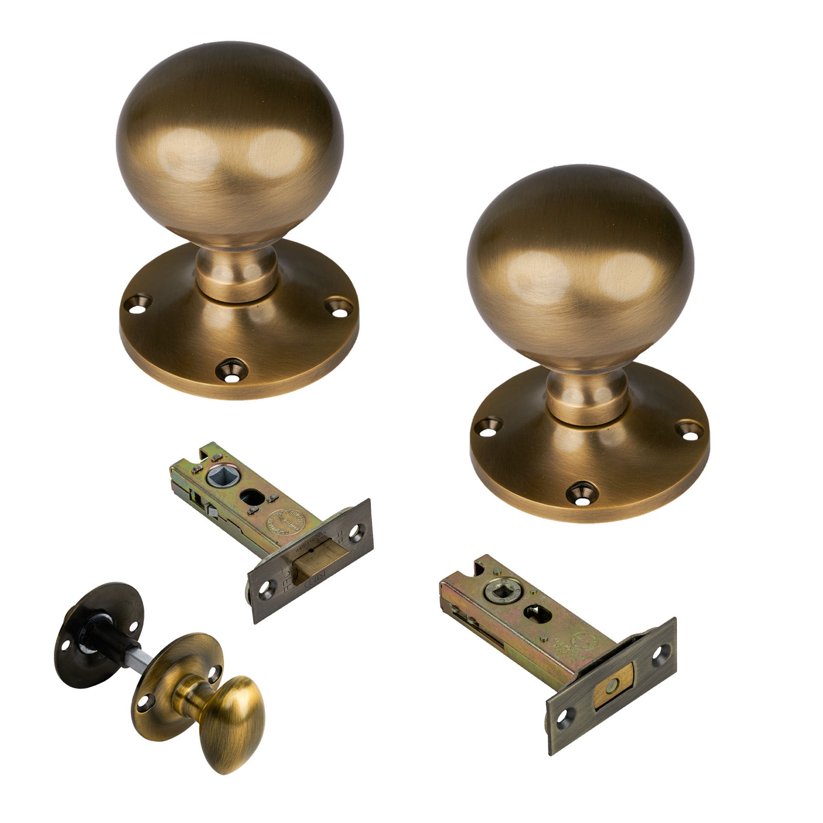 Westminster Door Knob on Rose with Aged Brass 3 inch bathroom set