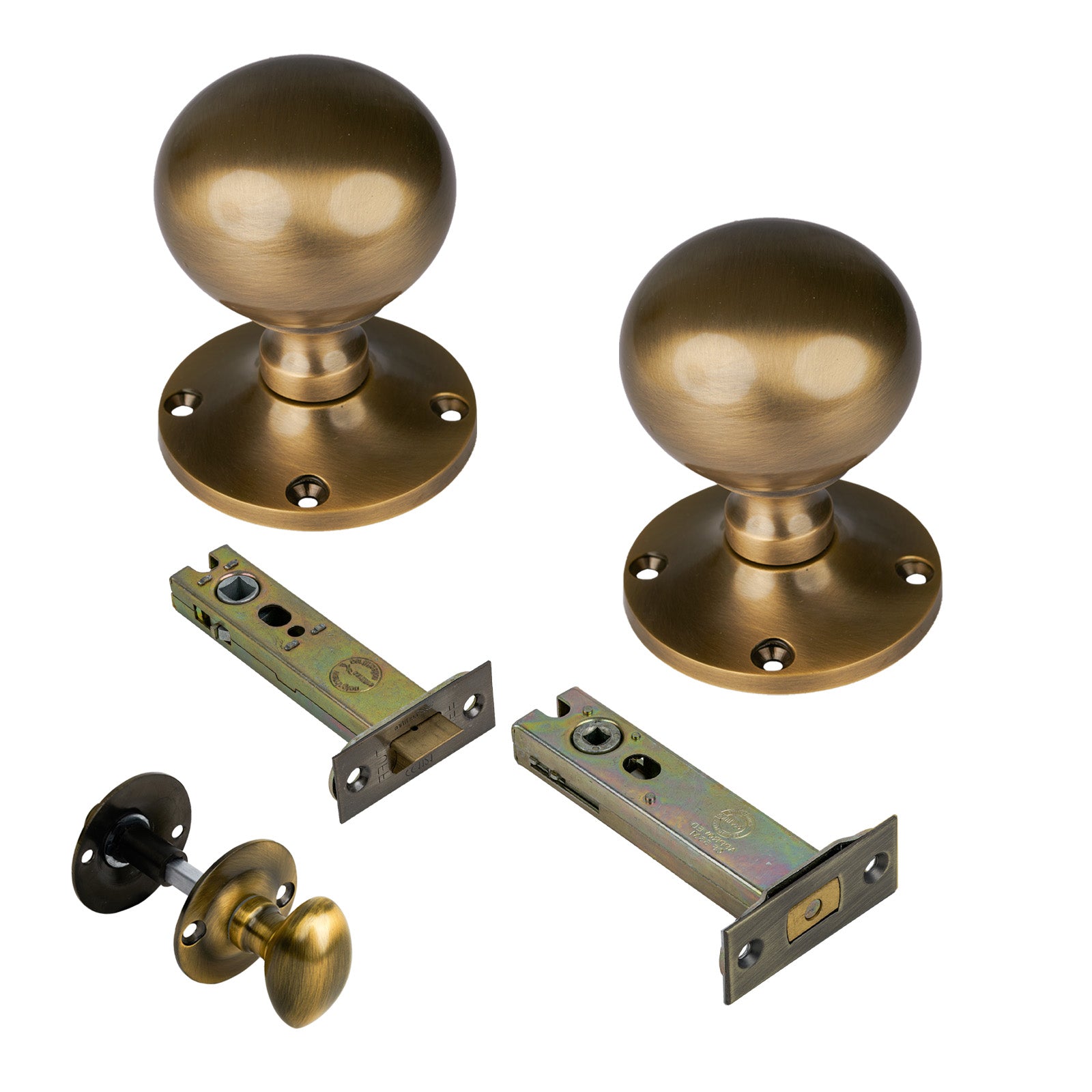 Westminster Door Knob on Rose with Aged Brass 4 inch bathroom set