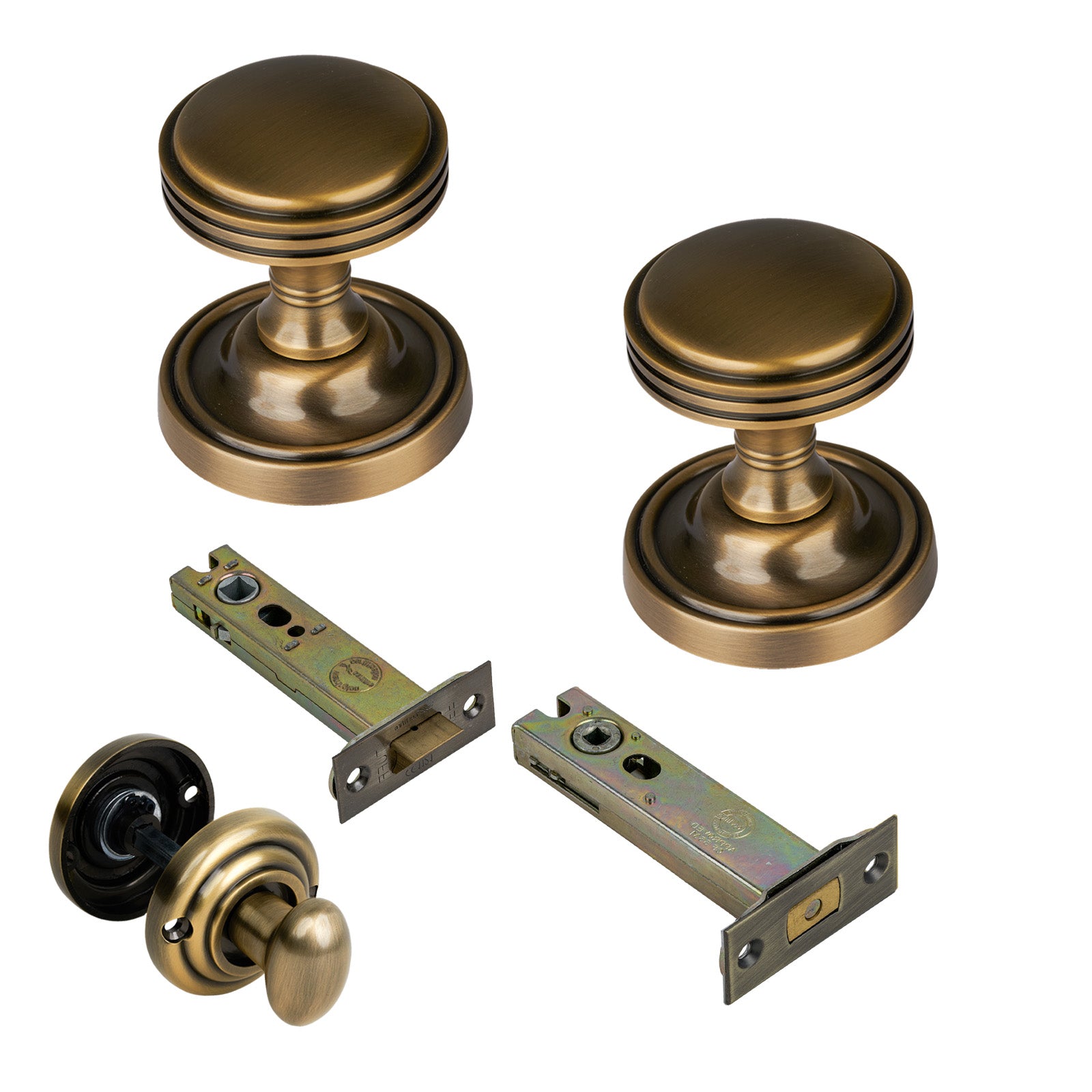 Whitehall Door Knob on Rose with Aged Brass 4 inch bathroom set