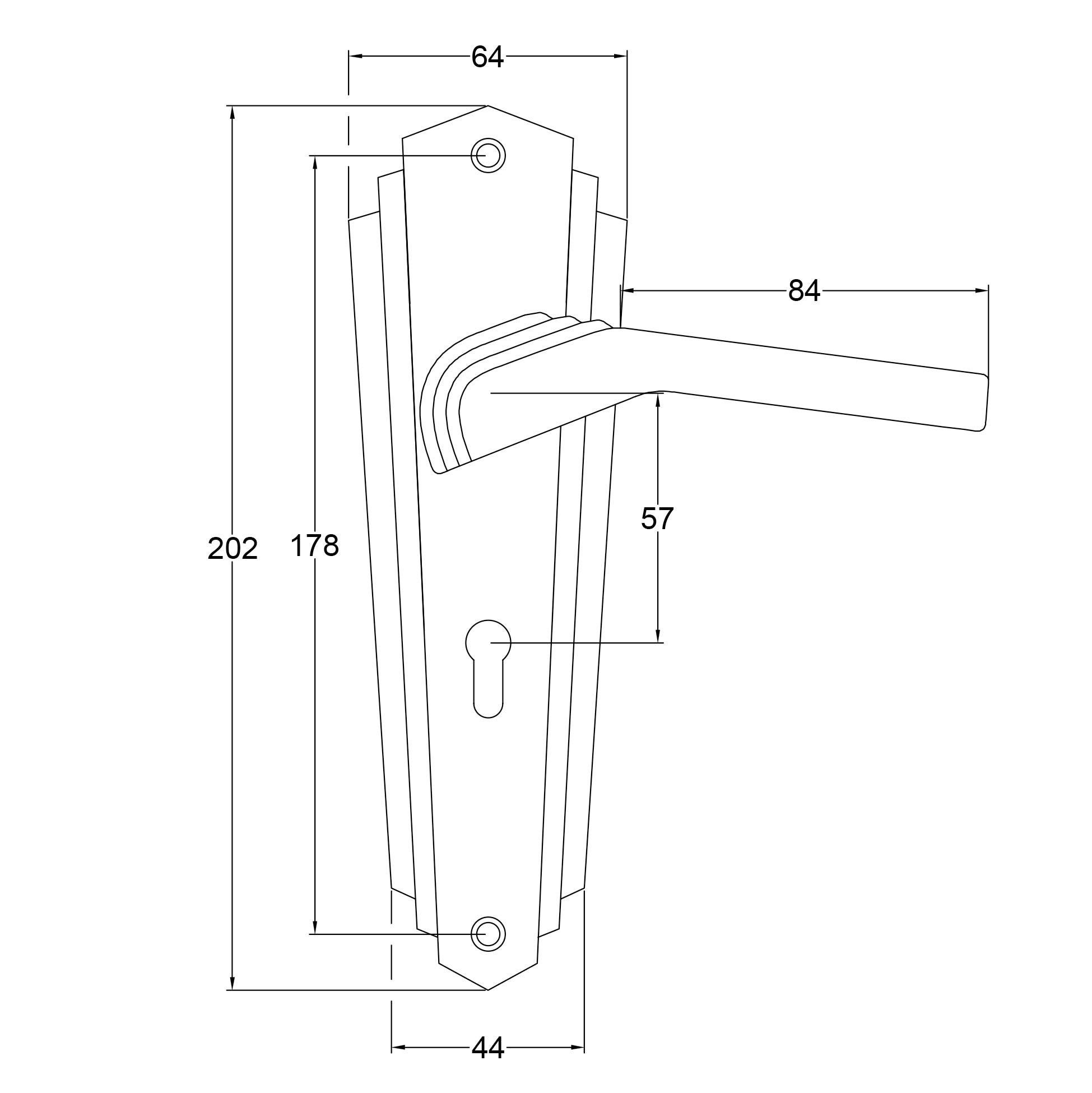Waldorf Door Handles on Backplate Dimension Drawing SHOW