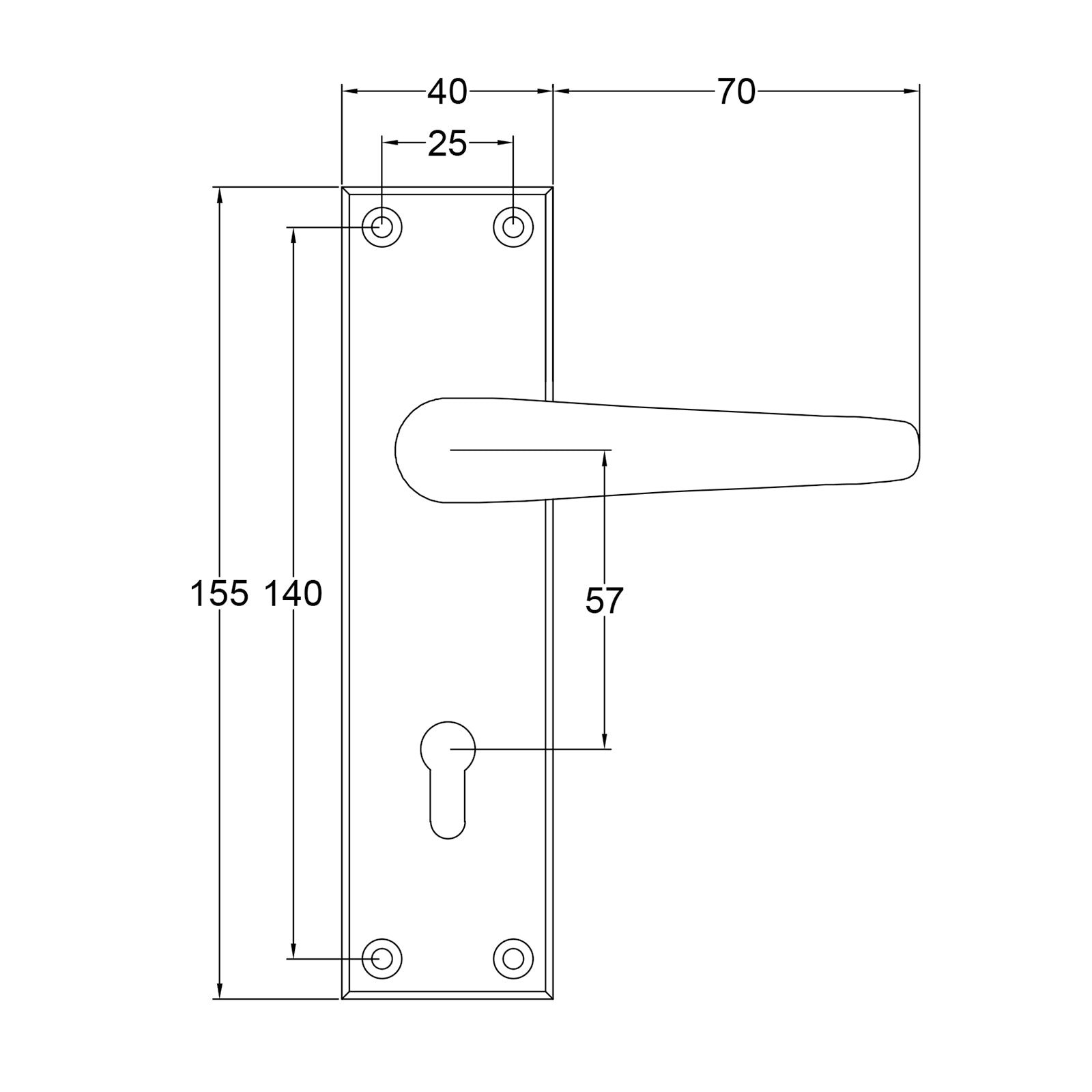 Windsor Door Handles on Backplate Dimension Drawing SHOW
